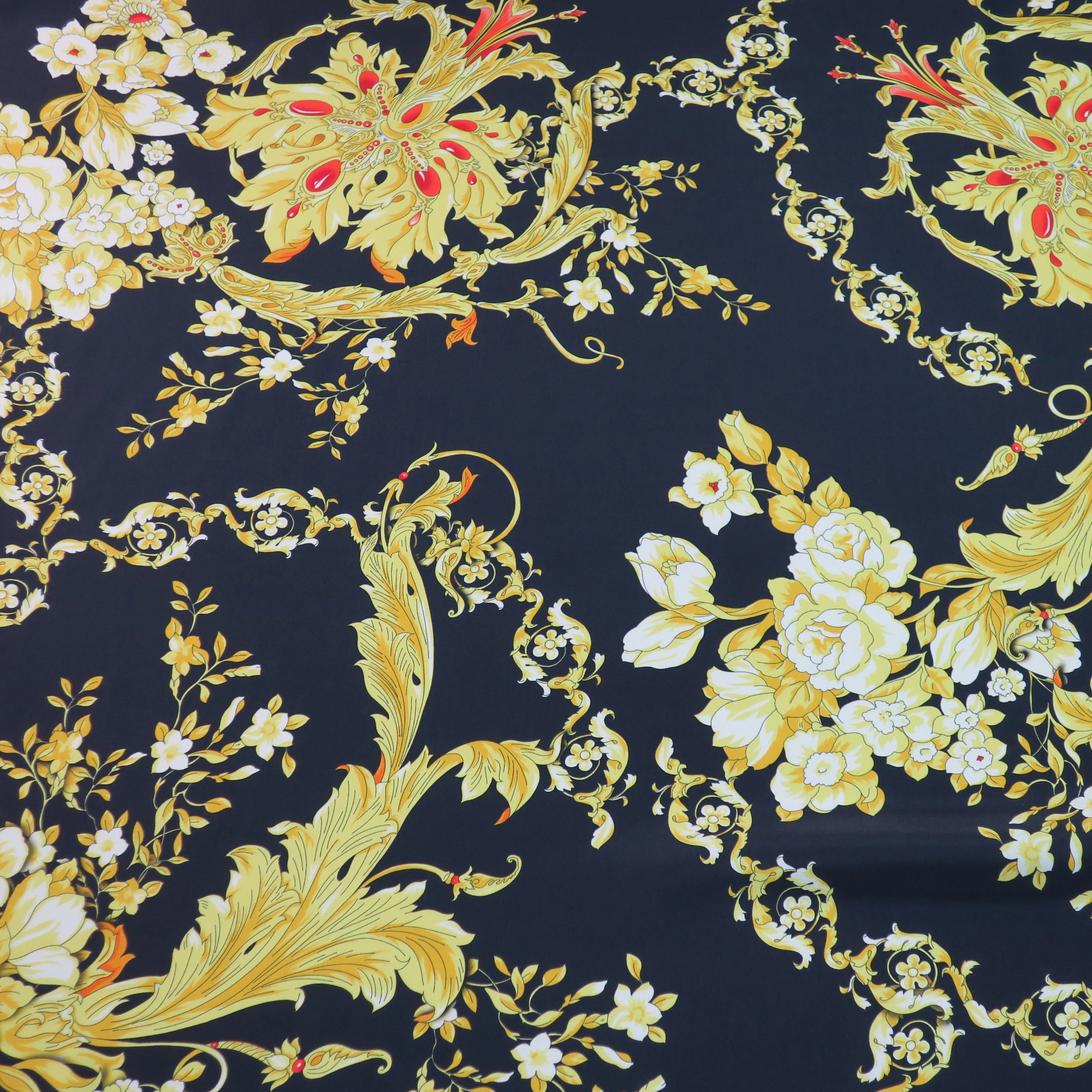 White Camelia on Black Ground Printed Silk Charmeuse Fabric