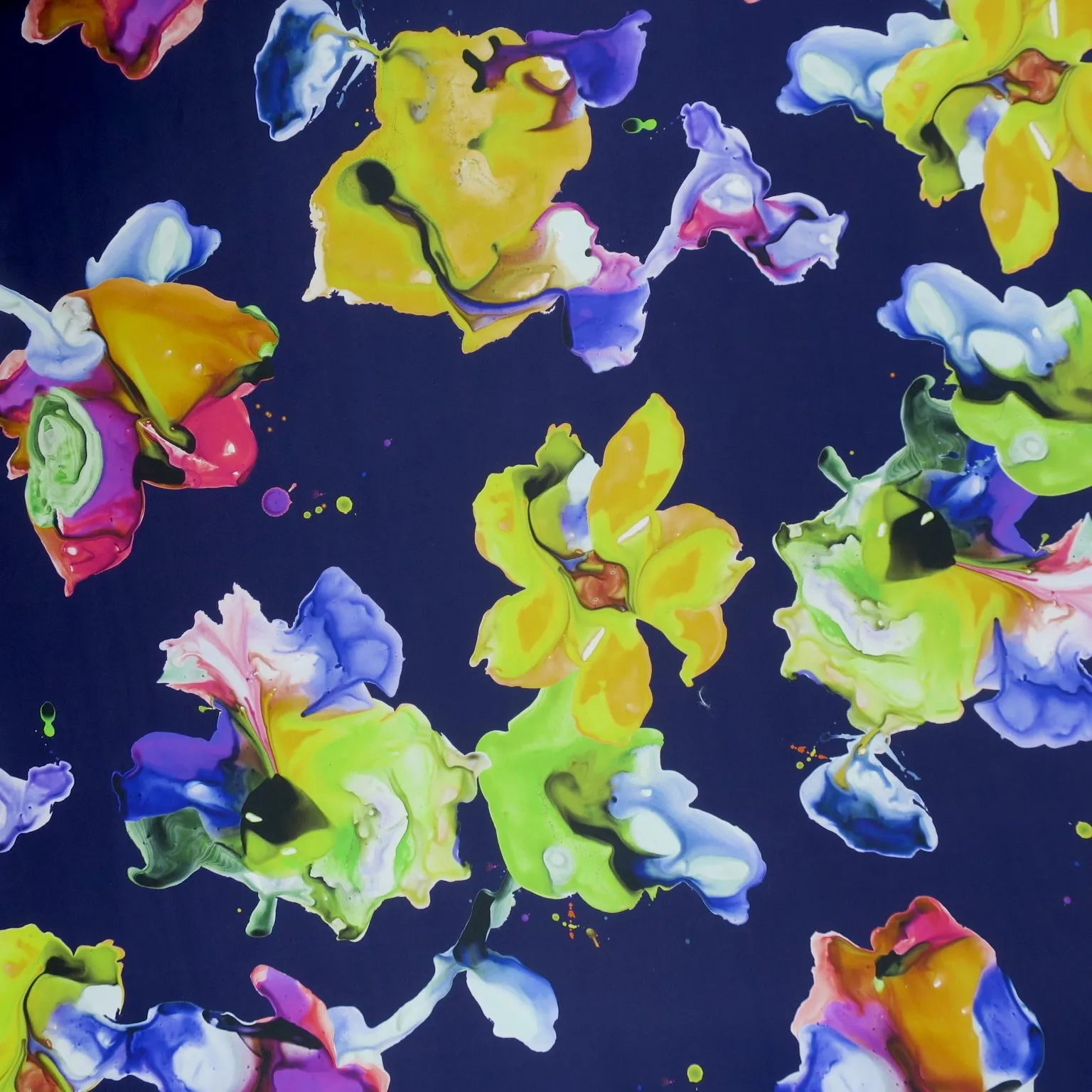 Yellow Purple Blue and Orange Painting Mosaic Florals on Navy Background Silk Gazar Fabric