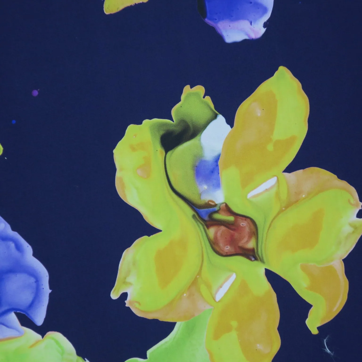 Yellow Purple Blue and Orange Painting Mosaic Florals on Navy Background Silk Gazar Fabric