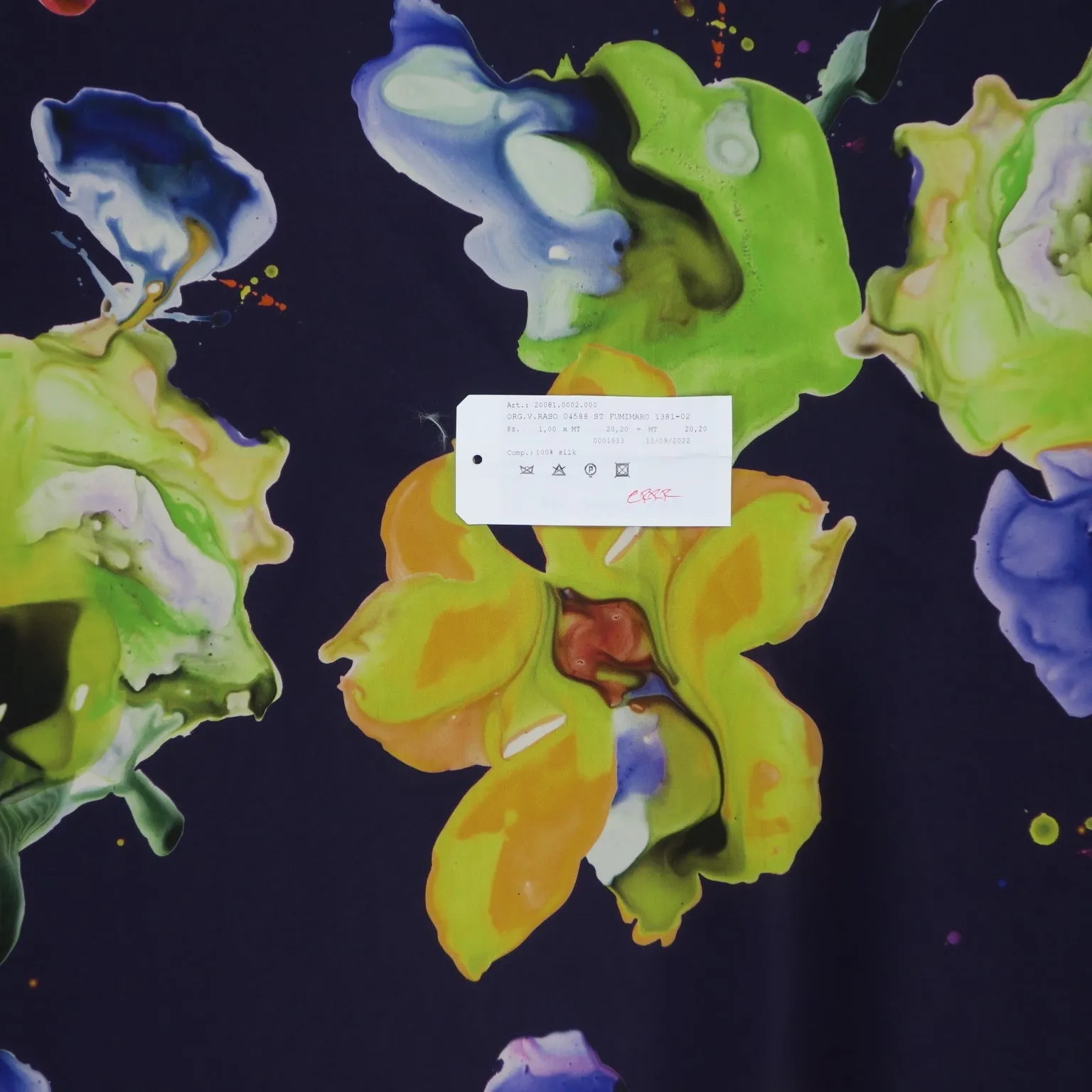 Yellow Purple Blue and Orange Painting Mosaic Florals on Navy Background Silk Gazar Fabric