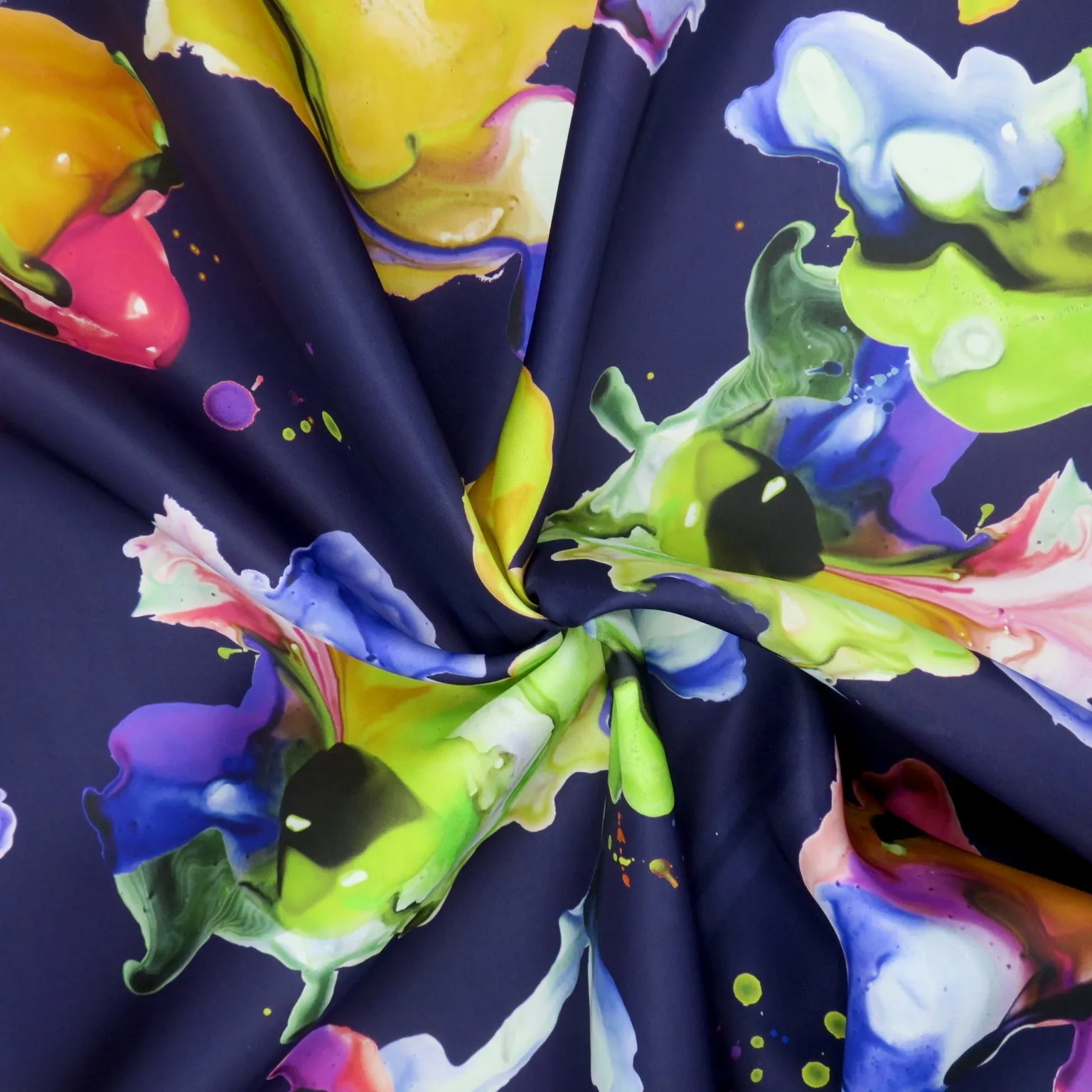 Yellow Purple Blue and Orange Painting Mosaic Florals on Navy Background Silk Gazar Fabric