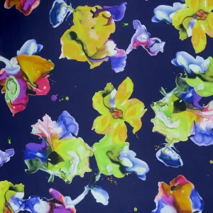 Yellow Purple Blue and Orange Painting Mosaic Florals on Navy Background Silk Gazar Fabric