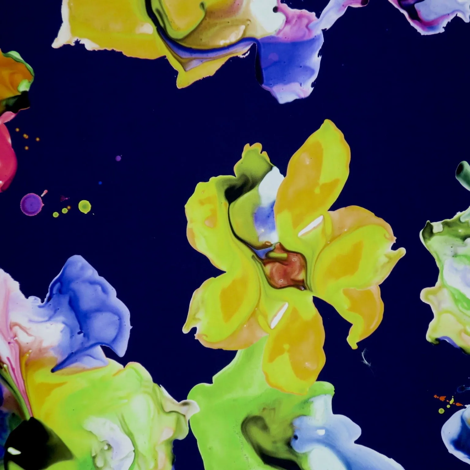 Yellow Purple Blue and Orange Painting Mosaic Florals on Navy Background Silk Gazar Fabric